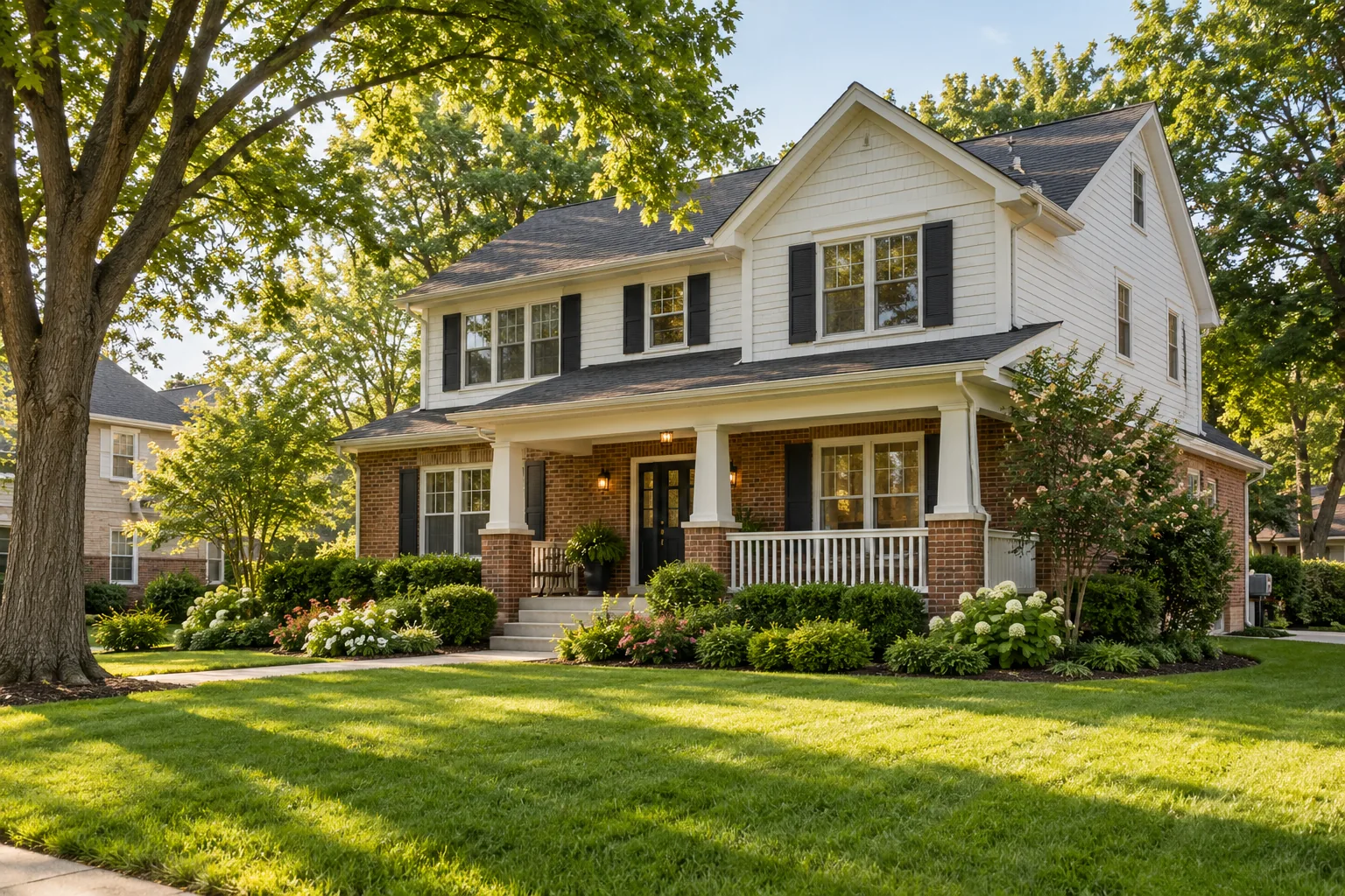 Welcoming home with a front lawn and mature trees